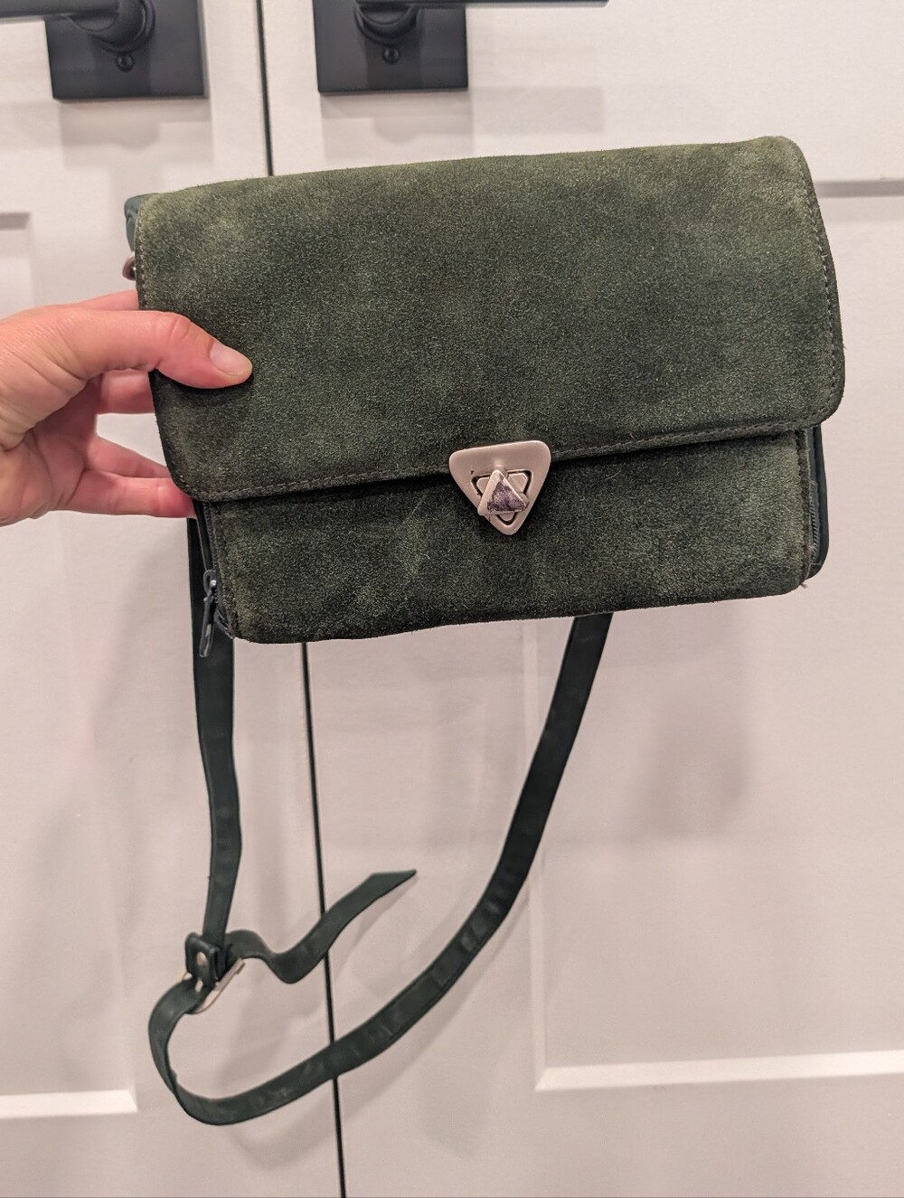 Women's Olive Green Suede Crossbody Bag With Wallet Pocket